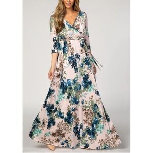 Rhea&Thea Women's Light Pink Floral V-Neck 3/4 Sleeve Sash Tie Dress Size M NWT